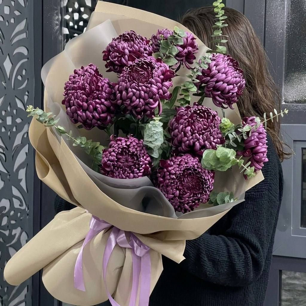 Моно-букет из 9 хризантем-бигуди